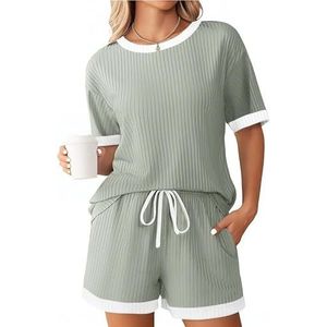 Zomer effen kleur pit strip kleur blok pyjama korte mouwen thuis kledingset(Light green,XXL)