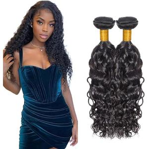 Water Wave Human Hair Bundles Extension Machine Double Wefts Extension 100% Unprocessed Brazilian Virgin Hair Weave Bundles Grade 8A 2 Bundles long 30 32 Inch Black Color