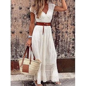 Zomer Lange Jurk Vrouwen Kleding Mode V-hals Vintage Feestjurk Elegante Witte Kant Maxi Jurken Casual Strand Maxi Jurk-Wit-Met Riem, XXL