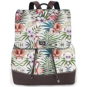 OdDdot Flamingo En Bloemen Print Lederen Rugzak Laptop Boekentas Voor Vrouwen Mannen, Boekentas Weekend Dagrugzak, Voor Reiswerk, Zwart, Eén maat