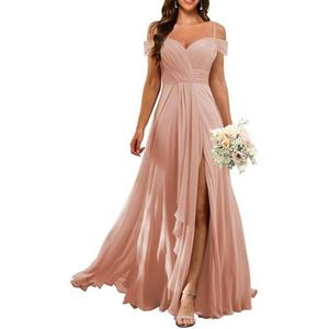 KURFACE Dames koude schouder chiffon bruidsmeisjes jurken met split geplooide formele avondjurk Maid of Honor, Stoffige Roos, 32
