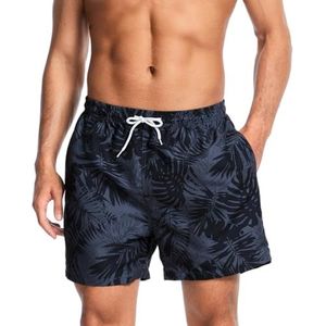 AMZSPORT Zwembroek voor heren, waterdicht, zwemshorts voor zwembad, strand, met mesh-voering en zakken, Zwart blad, L