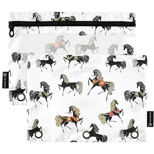 FRODOTGV Retro Zwarte Paarden Potlood Zakken voor 3 Ringen Binder Clear Potlood Zakjes Rits 3 Gat Binder 2 Pack Pen Case