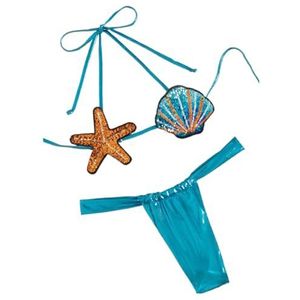 HFYRBDKSPI Sexy Bikinisets met Glanzende Pailletten, 2-Delige Set, Haltertop met Strikbandjes en String Voor Dames, Ondeugend Badpak,Blauw,L