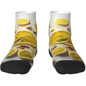 Veelzijdige sportsokken met gele citroenprint voor casual en sportkleding, geweldige pasvorm voor voetmaten 36-45, Geel Citroen, Eén Maat