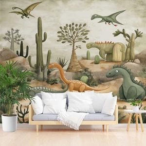 Cartoon Dinosaurus Muurschildering Behang Pterodactyl Lange Nek Draak Muurschildering 250x175 cm Art Prin Niet-geweven Muurschilderingen Milieuvriendelijk Fotobehang voor Woonkamer Slaapkamers Keuken