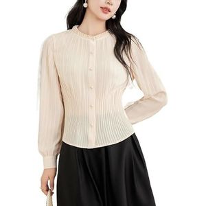 ROUZIHU Ronde hals kralen chiffon shirt professioneel woon-werkverkeer gerimpeld knoop shirt dames slim shirt(Beige,XXL)
