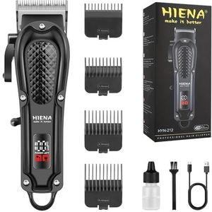 HIENA PRO Professionele tondeuse voor mannen, snoerloze en snoerloze kappersscharen voor het knippen van haar, oplaadbare baardtrimmer, LED-display, geschenken voor mannen (zwart)