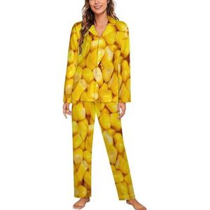 Gele Maïskorrel Textuur Pyjama Sets Met Lange Mouwen Voor Vrouwen Klassieke Nachtkleding Nachtkleding Zachte Pjs Lounge Sets
