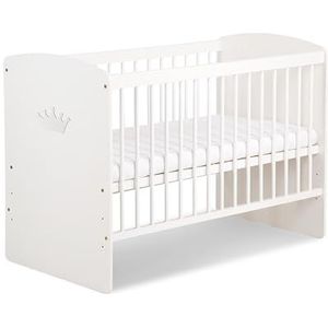 KMbaby Babybed K2-KOR met matras wit met witte kroon en natuurlijk babybed ledikant met lattenbodem 3 standen in hoogte verstelbaar - gelakt grenenhout 120 x 60 cm