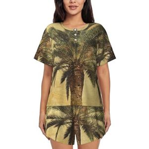RIVETECH Pyjama-set met tropische print voor dames met palmboom en korte mouwen - comfortabele korte sets, nachtkleding met zakken, Zwart, M