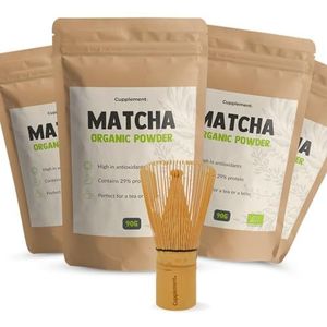 Cupplement - Matcha thee set 5 delig - 4 matcha zakjes 90 gram & 1 Bamboe Whisk - Biologisch - Gratis Bamboe Klopper - Culunary Thee Poeder - Starter set