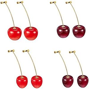 4 Paar Kersen Oorbellen, Zoete Kersen Oorbellen, Kersen Drop Oorbellen, Kleine Kersen Oorbellen, Bijpassende Oorbellen voor Dames en Meisjes (Rood, Bordeaux)