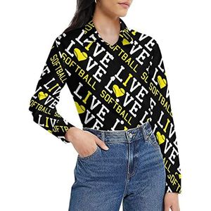 Live Love Softball damesshirt met lange mouwen en knoopsluiting casual werkshirts tops M