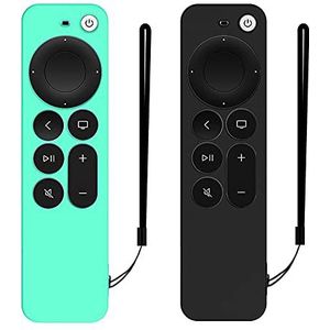 DAZUAN 2 STKS siliconen hoes voor Apple TV 4K 2021 afstandsbediening, stootvast, duurzaam, zijdezacht full-body beschermhoes voor Siri 6rd Gen afstandsbediening 2021 met anti-verlies touw (ijsgroen + zwart)