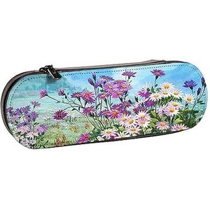 BONDIJ Tropische Ananas Gedrukt Lederen Potlood Pouch, Grote Capaciteit Pen Zakken Leuke Etui Cosmetische Organizer Tas met Rits, Wilde bloemen, Eén maat, Munten Pouch