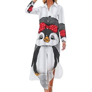 Pinguïn Mooi Meisje Vlinderdas Vrouwen Maxi Jurk Lange Mouw Knopen Shirt Jurk Casual Party Lange Jurken XL