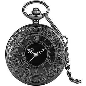 Zakhorloges Zwarte Romeinse cijfers Quartz Pocket Horloge Heren Dames Zwart Holle Case Stoom Retro Hanger Ketting Beste Geschenken for Mannen en Vrouwen (Color : Black 30cn Chain)