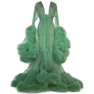 TROTTS Dames tule gewaad bruids lingerie oude Hollywood sexy veer zijden badjas doorschijnende kanten nachthemd voor fotoshoot (kleur: groen, maat: één maat)
