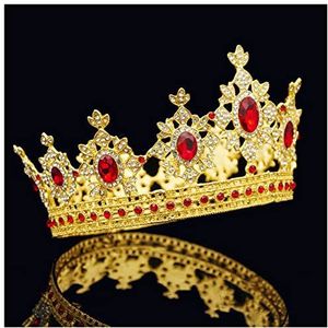 Strass Kroon Barokke Queen King Tiara Crown for Mannelijke Bruiloft Haar Sieraden Rode Kristal Ronde Diadem Gold Head Accessoires Bruid Koningin Kroon (Style : Gold Red)