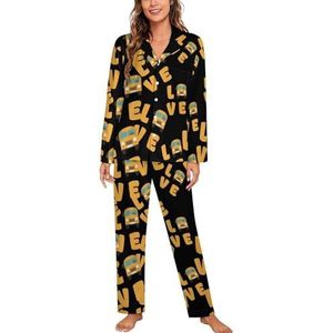 I Love School Buses Dames Pyjama Sets Tweedelige Button Down Nachtkleding Lange Mouw Top En Broek Loungewear