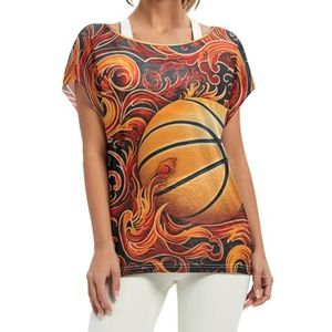 Fire Basketball Art korte vleermuismouwen shirt ronde hals T-shirts losse tops voor meisjes, Patroon, L