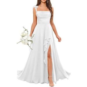 Dames chiffon bruidsmeisjes jurken met split lange galajurken ruches cocktailjurk plus size, Wit, 32