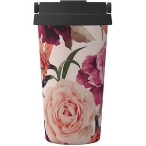 Roze Roos Bloem Print Thermische Koffie Mok,Reizen Geïsoleerde Deksel RVS Tumbler Cup voor Thuiskantoor Outdoor