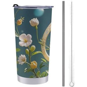 AQRJLPM Muzikale noot bloemen auto beker roestvrij staal 20oz beker met rietje en deksels lekvrij geïsoleerde roestvrij staal reizen koffiemok pobtable voor koude warme dranken camping