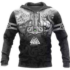 Viking 3D-geprint Pullover Sweatshirt, Heren Vintage Noorse Mythologie Tattoo Rune Amulet Streetwear, Casual en Comfortabele Hoodie met Lange Mouwen en Grote Zakken(Color:Thor's hammer A,Size:L)