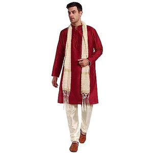 SKAVIJ Heren Indiase Etnische Kurta Pyjama met Sjaal Jurk (Rood, XL)