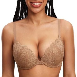 DOBREVA Vrouwen Push Up BH Met Kant Gevoerde Plunge Beugel Volledige Cup Buste Voorgevormde Cups Grind Beige 85C