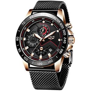 LIGE Heren Horloges Mode Roestvrij Staal Chronograaf Waterdicht Analoge Quartz Mesh Horloge voor Mannen, B-rose Goud Zwart, armband