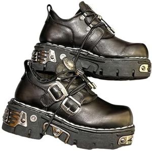 Heren En Damesschoenen In Dezelfde Stijl, Donkere Punk Vintage Rocklaarzen, Metalen Leren Lage Platform Motorschoenen(48 EU)