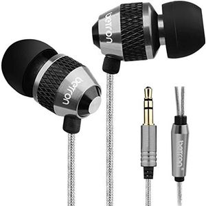 Betron B25 oortelefoon, geluidsisolerende in-ear hoofdtelefoon met sterke bas, knoopvrij snoer, lichtgewicht, draagtas en zachte oordopjes, zwart