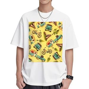 Auto en fiets print dames katoenen T-shirts casual korte mouw tuniek tops ronde hals zomer basic losse pasvorm T-shirt, Wit, S