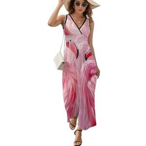 Roze flamingo's casual maxi-jurk voor vrouwen V-hals zomerjurk mouwloze strandjurk L