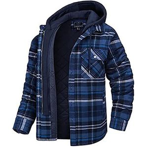Youthful flying Heren thermische geruite flanellen sherpa-shirts jassen met afneembare capuchon knop omlaag lange mouw dikker warm gewatteerd gevoerd geruit jack (maat: 3XL, kleur: marineblauw)