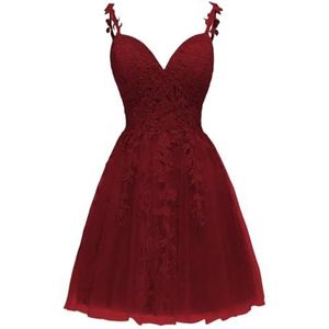 Spaghetti Bandjes Bruidsmeisjes Jurken voor Junioren Kant Applique Avond Cocktail Party Maxi Jurk Mini Lengte AH154, Bordeaux, 32