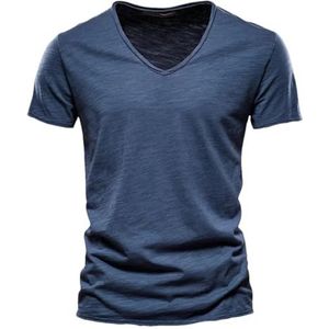 Mannen V-hals Korte Mouw Katoenen T-shirt Mannelijke Mode Trendy Slim Fit Soild Tees Tops, Donkerblauw, S