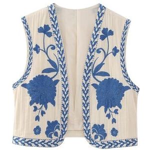 Vrouwen Vintage Geborduurd Bloemenvest Top Y2k Mouwloos Open Voorkant Crop Vest Boho Bloemenvest Jas(Color:Blue,Size:X-Small)