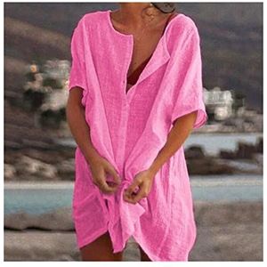 MZPOZB Bikini Cover Up Dames Badpak Strand Cover Ups Korte Mouw Lange Blouse Zomer Casual Losse Effen Kleur Strand Cover-up Blouse Grote Maat Strand Cover Ups (Kleur: Roze, Maat: XXXL)