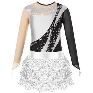 NUOYIXUAN Gymnastiekpak met lange mouwen voor meisjes en jongens met glanzende pailletten en shorts met rok, kunstschaatspak voor jongeren, klassieke dansjurken (zilver, 16)