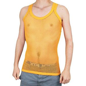 Mens 100% katoen getailleerde spier visnet string vest tanktop, Geel, XL