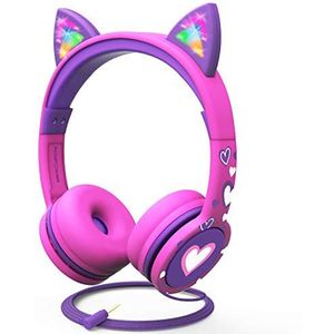 FosPower - Kinderhoofdtelefoon met led-verlichte kattenoren | 3,5 mm | stereo hoofdtelefoon voor kinderen met volumebegrenzing: max. 85 dB | neon roze/paars | muziek, mp3, cadeau enz