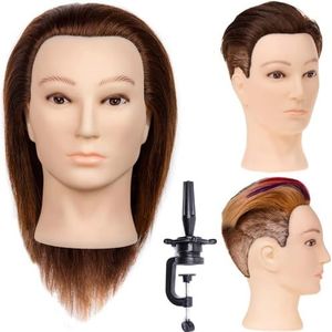 Stancia Mannequin Hoofd Mannequin Mannequin Head met 100% Menselijk Haar, 14 inch Kapper Mannequin Hoofd Kapper Training Pop Mannequin Hoofd voor Haarstyling en Oefening (Donkerbruin)