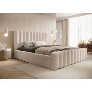 DomoHome Mona VII Modern gestoffeerd bed, elegant bed met opbergruimte, modern hoofdeinde en hoogwaardige stof, voor je slaapkamer, 140 x 200 cm, kleur: beige