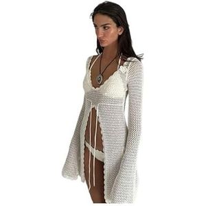 Beach Cover Up Knitted Crochet Beach Cover Up Beach Pullover Shirts Top Lace-Up Wear Beachwear Female Women-White-L
