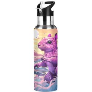 Artistiek Konijn Bunny Roze Sport Water Fles met Stro Thermos Rvs Dubbelwandige Geïsoleerde Vacuüm Cup 600ML Thee