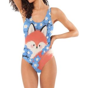 Klassieke Badpakken uit één stuk voor vrouwen vos onder bloemen U-vormige rug buikcontrole, Vos tussen bloemen, S